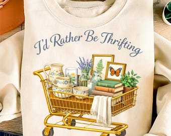 I’d Rather Be Thrifting png, Thrift Lover Sublimation, Vintage Shopping Cart Art, Thrift Store Aesthetic PNG, Retro Decor PNG
