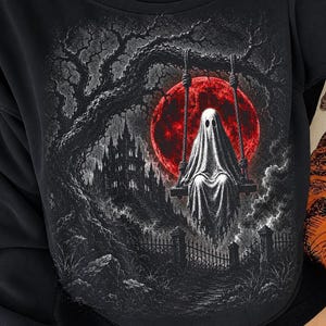 Halloween ghost Png, Haunted Ghost Swing Shirt Design, Red Moon Spooky Night Sublimation, Creepy Fall Scene Png, Gothic Aesthetic Art