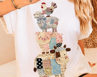 Animais de Fazenda em Patchwork PNG, Clipart Estilo Colcha de Retalhos, Decoração para Quarto de Bebê (Download Digital)