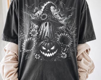 Fantasma de Halloween PNG, diseño de camiseta de calabaza floral, gráfico de fantasma con sombrero de bruja espeluznante, ilustración de calabaza de Halloween espeluznante, impresión DTF de semitonos vintage