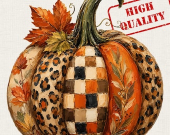 Calabaza de otoño PNG, Calabaza con estampado de leopardo y tablero de ajedrez, Diseño de sublimación de calabaza de otoño, Calabaza pintada al óleo, Acción de Gracias PNG, Diseño de camiseta de otoño