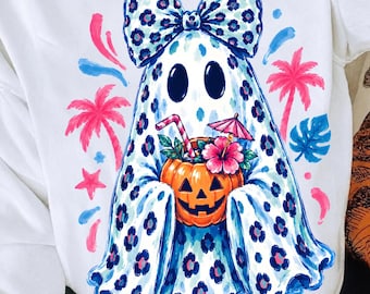 Fantasma de verano PNG, diseño de fantasma tropical con pinceladas, palmera rosa de Halloween PNG, calabaza espeluznante linda PNG, arte digital de Halloween de verano