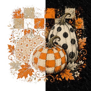 May include: A graphic illustration featuring three pumpkins with distinct patterns: one with leopard print, one with black polka dots, and one with orange and white stripes. The design includes autumn leaves and a checkered background.