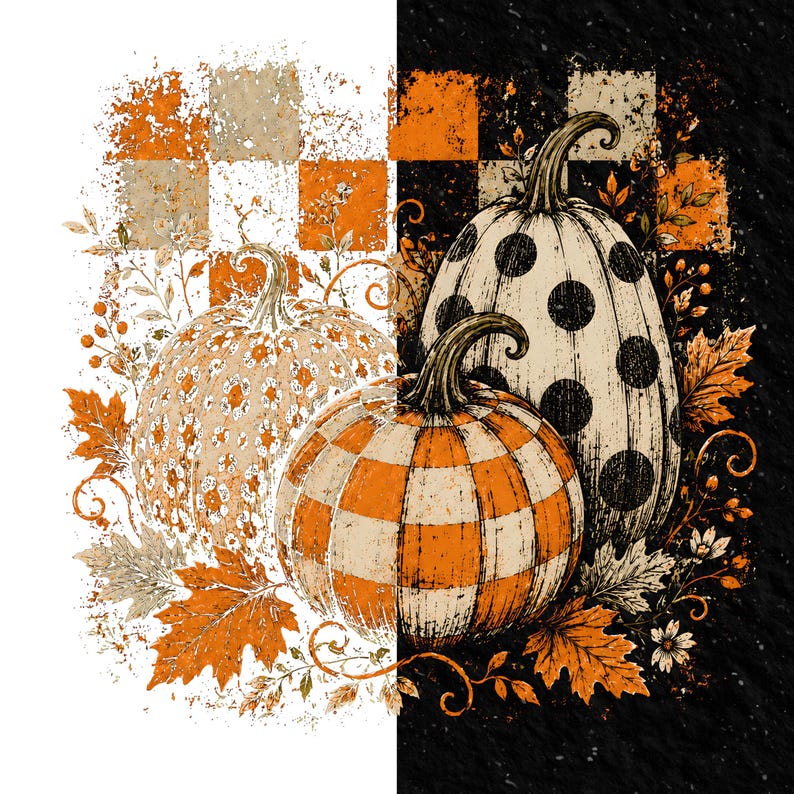 May include: A graphic illustration featuring three pumpkins with distinct patterns: one with leopard print, one with black polka dots, and one with orange and white stripes. The design includes autumn leaves and a checkered background.