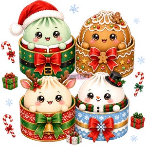 May include: Four cute round characters in gift boxes: a green one in a Santa hat, a brown gingerbread-style one, a beige one with reindeer antlers, and a white snowman-themed one. Includes candy canes, small gift boxes, and snowflakes.