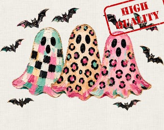 Fantasma de Halloween PNG, Trío de fantasmas con pinceladas adorables, Diseño de camiseta de fantasma leopardo, Gráfico de murciélago espeluznante, Impresión DTF de Halloween rosa y turquesa