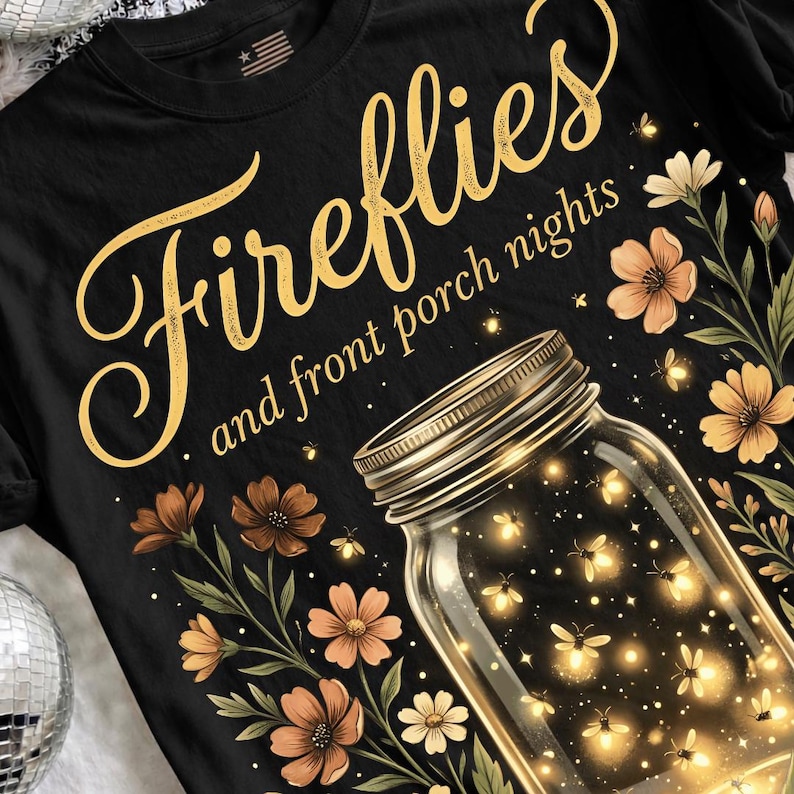 Pu&ograve; includere: T-shirt nera con un design grafico raffigurante un barattolo pieno di lucciole luminose. Le parole "Fireflies and front porch nights" sono scritte in oro sopra il barattolo, circondate da fiori.