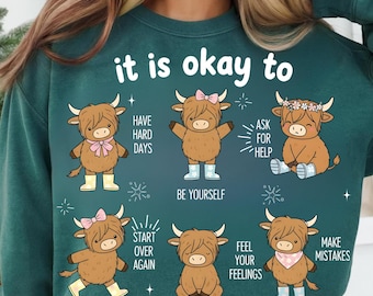 Está bien tener PNG, vaca de las Highlands PNG, lindo diseño de afirmación de salud mental de vaca de las Highlands, clipart de vaca de autocuidado positivo