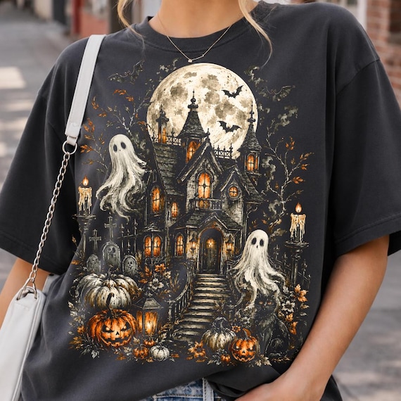 Haunted House PNG, Halloween Haunted Mansion png, Spooky Ghost PNG, Pumpkin png, Black Cat PNG, Halloween Shirt Design, Sublimation png