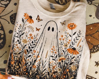 PNG de flores silvestres fantasma, PNG botánico de Halloween, diseño floral fantasma espeluznante, sublimación fantasma vintage, PNG de camiseta de Halloween de otoño