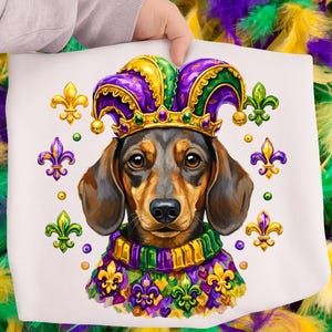 May include: A white sweatshirt featuring a graphic of a brown and black dachshund wearing a purple, green, and gold jester hat and a matching collar. The dog is surrounded by a circular arrangement of purple, green, and gold fleur-de-lis symbols.