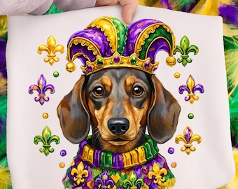 Perro salchicha de Mardi Gras PNG, diseño de perro bufón (descarga digital)