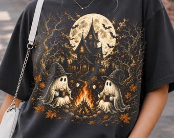 Cute Ghost Halloween PNG, Campfire Ghost Shirt Design, Haunted House Ghost PNG, Witch Hat Ghost DTF Sublimation Design