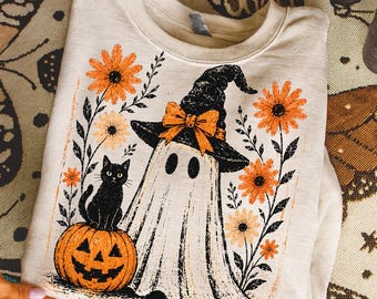 Fantasma de Halloween PNG, Fantasma floral con sombrero de bruja PNG, Gato negro con calabaza PNG, Sublimación de temporada espeluznante, Diseño de camiseta vintage de Halloween
