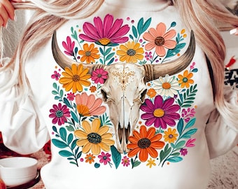 Crânio de touro com pinceladas em PNG, design de sublimação de crânio de vaca floral, arte boho western com suculentas, download digital, gráfico rústico do Velho Oeste