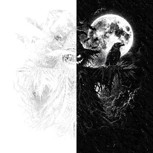 May include: A split-tone graphic print featuring a scarecrow with a jack-o'-lantern head wearing a wide-brimmed hat. The right side shows a detailed black and white scene with a full moon, flying bats, and a raven perched on the scarecrow's shoulder.