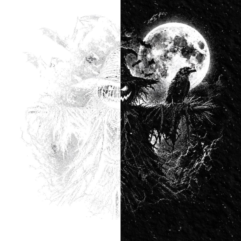 May include: A split-tone graphic print featuring a scarecrow with a jack-o'-lantern head wearing a wide-brimmed hat. The right side shows a detailed black and white scene with a full moon, flying bats, and a raven perched on the scarecrow's shoulder.
