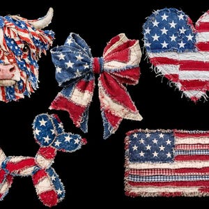May include: A collection of patriotic-themed decorations, including a cow head, a bow, a heart, a balloon dog, and a flag, all crafted from fabric with a distressed, vintage look. The designs feature the American flag's stars and stripes in red, white, and blue.