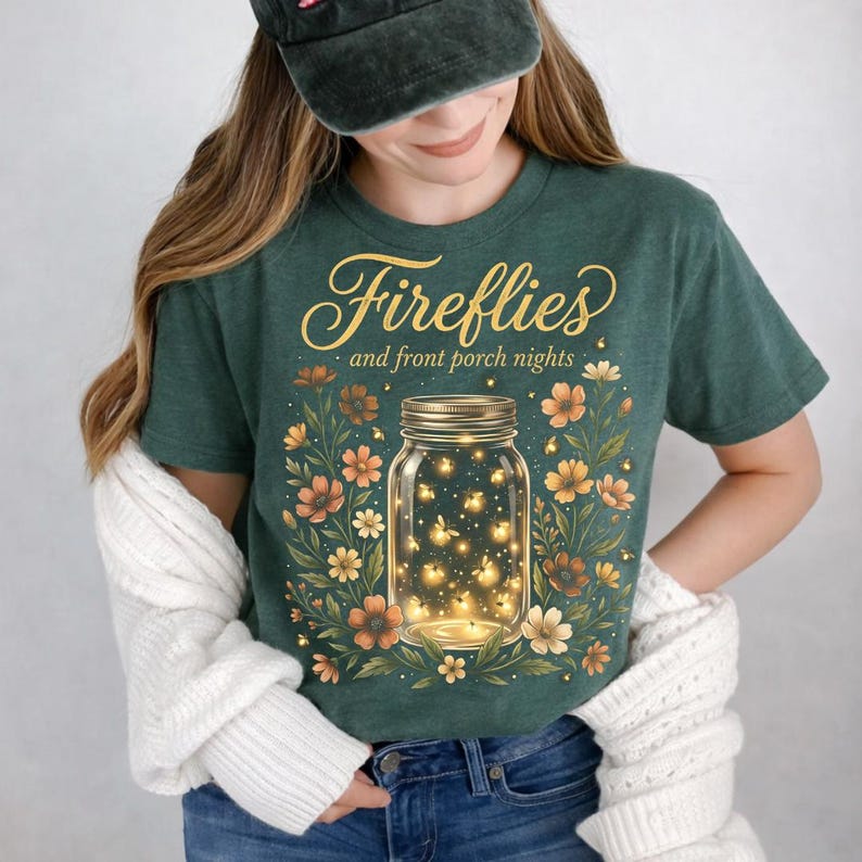 Pu&ograve; includere: T-shirt verde con le parole "Fireflies and front porch nights" in oro. La maglietta presenta un barattolo pieno di lucciole luminose, circondato da fiori arancioni e gialli.