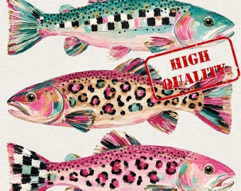 Trota corallina dipinta a olio finta PNG, clipart di pesci colorati, design di trota per sublimazione, grafica per t-shirt in stile costiero, download digitale