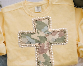 Camouflage Patchwork-Kreuz mit Perlenbesatz - Christian Faith Design, Cross Faux Patchwork png, Cross camo png