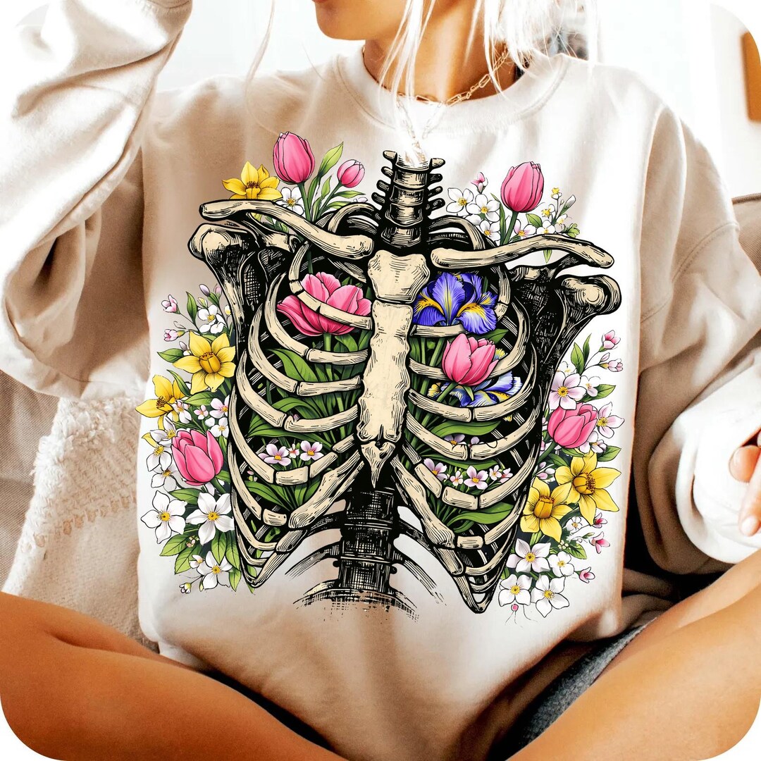 Spring Skeleton Floral PNG, Ribcage Flowers Design, Gothic Spring Shirt ...