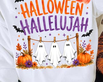 Aleluya de Halloween PNG, Tendedero de fantasma lindo PNG, Diseño de Halloween de otoño con calabaza, Camiseta cristiana de Halloween PNG, Arte digital espeluznante de otoño