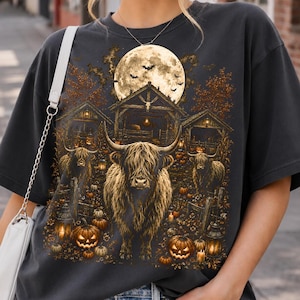Halloween Highland Cow PNG, Spooky Cow Pumpkin Farm Shirt Design, Highland Cow Halloween DTF Sublimation PNG
