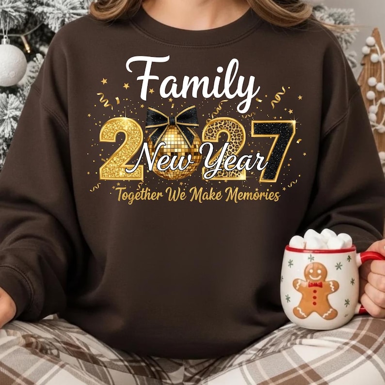 May include: A dark brown crewneck sweatshirt featuring a graphic with the text Family New Year 2027 Together We Make Memories. The design includes a gold disco ball with a black bow, gold glitter numbers, and gold confetti accents on the front.