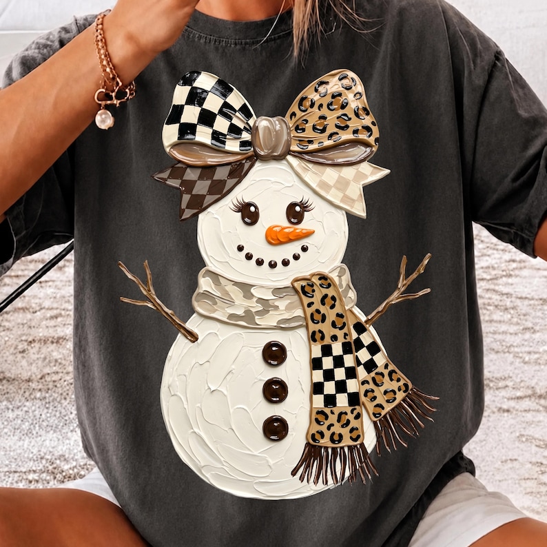 Christmas Snowman PNG, 300 Dpi Leopard Bow Snowman, Christmas PNG, Winter Holiday Sublimation, Christmas Shirt Design, Xmas Digital Download image 2