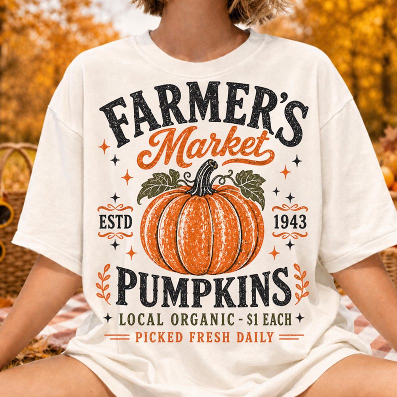 Puede incluir: Una camiseta de manga corta color hueso con un gr&aacute;fico de una calabaza naranja con hojas verdes. El texto dice: FARMER'S MARKET, ESTD 1943, PUMPKINS, LOCAL ORGANIC - $1 EACH, PICKED FRESH DAILY, rodeado de peque&ntilde;as estrellas y hojas.