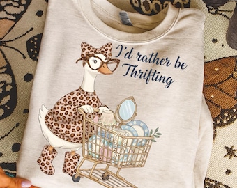 Preferiría estar comprando en tiendas de segunda mano, diseño de camiseta con estética de segunda mano, ganso divertido, gráfico retro de compras de segunda mano, estilo boutique digital