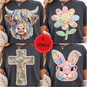 Patchwork PNG Bundle, Highland Cow, Floral Daisy png, Camo Cross png, Bunny Coquette PNG, Quilted Fabric Style Digital Download
