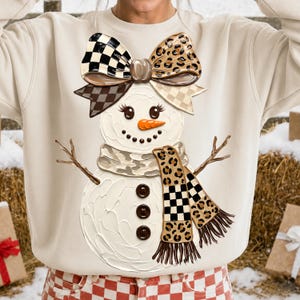 Christmas Snowman PNG, 300 Dpi Leopard Bow Snowman, Christmas PNG, Winter Holiday Sublimation, Christmas Shirt Design, Xmas Digital Download image 1