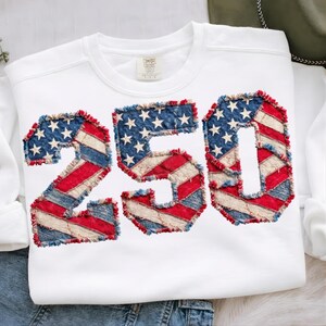 Puede incluir: Sudadera blanca con el número "250" aplicado en la parte delantera. Los números están diseñados con un patrón de bandera estadounidense desgastada, con mezclilla azul con estrellas blancas y rayas rojas y blancas.