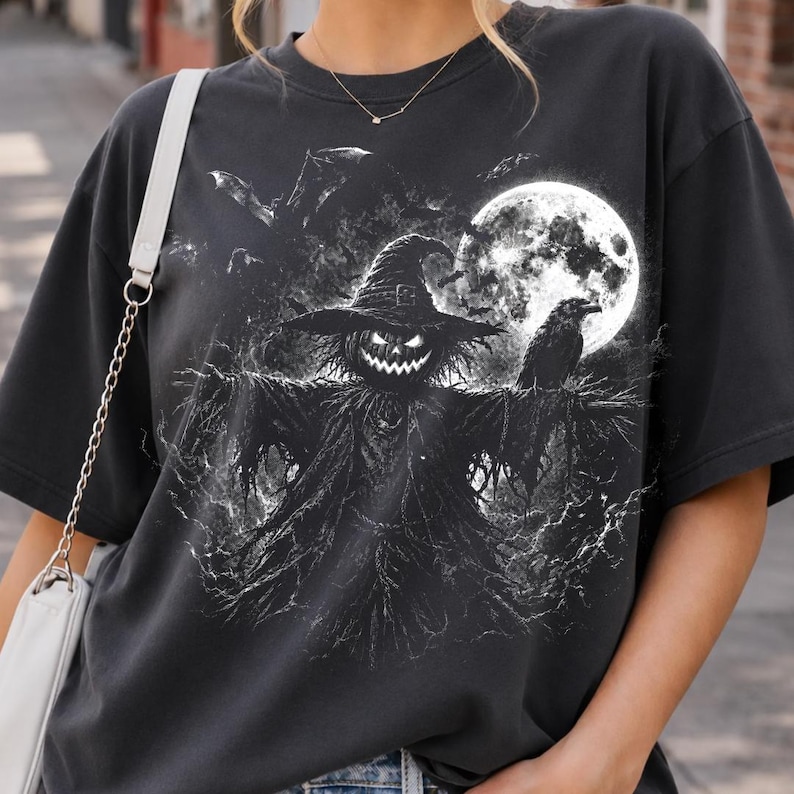 Jack O Lantern Witch Scarecrow PNG, Halloween Scarecrow Design, Spooky Pumpkin png, Crow Raven Full Moon, Dark Halloween Shirt Sublimation image 4