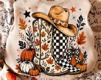 Cowboy Boots Checkered Fall Png , Pumpkin Season Western PNG, Cowgirl Fall Boots Design, Autumn Leaves Checkerboard Boots, 300 DPI