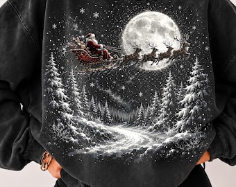 Santa Sleigh PNG, 300 Dpi, Christmas Santa Reindeer PNG, Flying Santa png, Snowy Forest Christmas PNG, Full Moon Holiday Sublimation Design