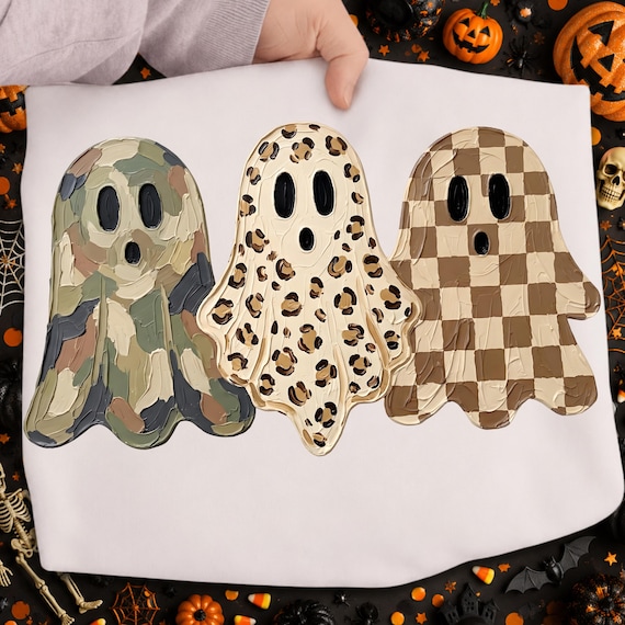 Retro Ghost PNG, Camo Leopard Checkerboard Ghost Trio, Halloween PNG, Oil Painted Ghost Clipart, Spooky Season Design