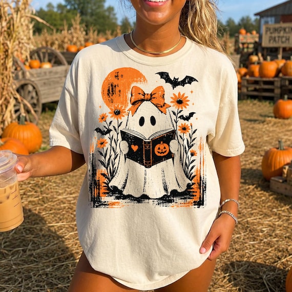 Halloween Ghost Png, Book Lover Ghost Png, Reading Ghost Design, Cute Spooky Ghost Graphic, Fall Shirt Design, Pumpkin Book Png