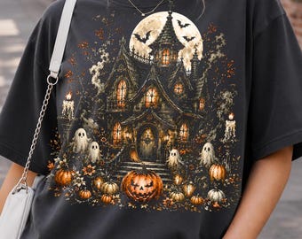 Haunted House Halloween PNG, Gothic Witch House Shirt Design, Pumpkin Ghost Halloween PNG, Spooky Fall DTF Sublimation Design