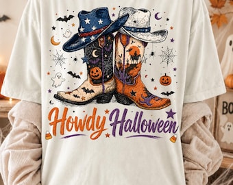 Hola Halloween PNG, Botas vaqueras de Halloween PNG, Diseño de camisa western de Halloween, Vaquera espeluznante PNG, Diseño de sublimación de Halloween