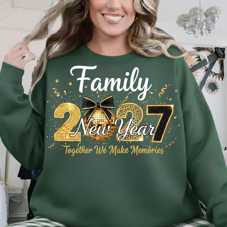 May include: A dark green long-sleeve sweatshirt featuring the text Family New Year and Together We Make Memories in white and gold. The design includes a gold disco ball with a black bow, gold confetti, and the year 2027 in gold and black.