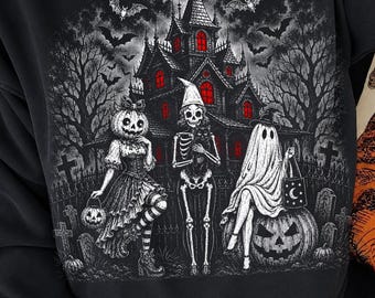 Halloween png, Spooky Girl Squad PNG, Gothic Halloween Girls PNG, Diseño de Calabaza Esqueleto Fantasma / Camiseta de Casa Embrujada de Halloween Arte Digital