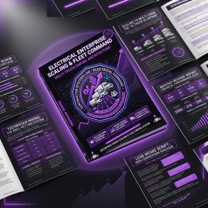 Könnte beinhalten: Ein Buch mit dem Titel "Electrical Enterprise Scaling & Fleet Command" mit einem lila und schwarzen Einband, umgeben von offenen Seiten mit Diagrammen und Grafiken. Das Cover des Buches zeigt ein Logo mit Lastwagen und dem Text "Contractor Systems Lab".