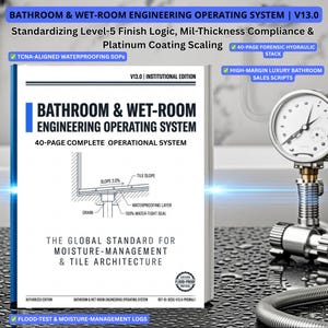 Pode incluir: Um livro intitulado "BATHROOM & WET-ROOM ENGINEERING OPERATING SYSTEM" com um diagrama de um sistema de drenagem. A capa do livro é branca com texto azul e um diagrama. O livro é um sistema operacional completo de 40 páginas. Um medidor é visível no fundo.