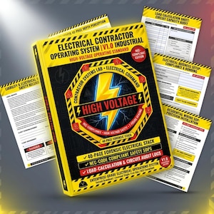 May include: A yellow and black book titled "Electrical Contractor Operating System" with "High Voltage" text and a lightning bolt graphic. Several white sheets with electrical diagrams and checklists are visible, along with the text "NEC Compliant Edition".