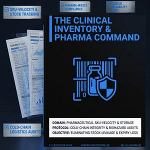 May include: A black document titled "THE CLINICAL INVENTORY & PHARMA COMMAND" with blue text and graphics. The document includes a barcode, a vial, and a shield icon. Additional text includes "SKU-VELOCITY & STOCK TRACKING" and "COLD-CHAIN LOGISTICS AUDITS".
