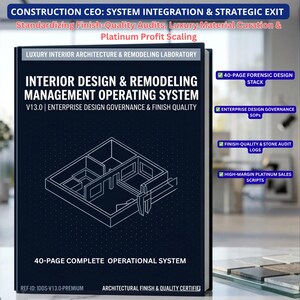 May include: A dark blue book titled "Interior Design & Remodeling Management Operating System V13.0". The book includes architectural diagrams and text such as "Enterprise Design Governance & Finish Quality". Additional text includes "40-Page Forensic Design Stack" and "High-Margin Platinum Sales Scripts".