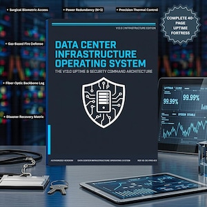 May include: A dark blue book titled "DATA CENTER INFRASTRUCTURE OPERATING SYSTEM" with a white shield logo. The book cover has white text and a server graphic. The text "THE V13.0 UPTIME & SECURITY COMMAND ARCHITECTURE" is also visible. A tablet and keys are in the foreground.